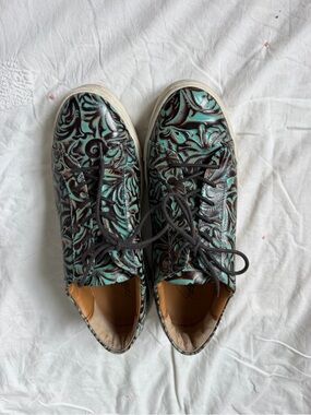 Patricia Nash Turquoise and Black Embossed Leather Sneakers